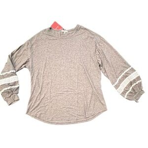 Women’s Grey Peasant‎ Blouse White Crochet Sleeve Inserts Size XXL Boho Cottage